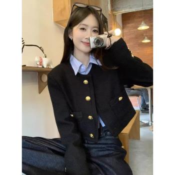 黑色粗花呢小香風外套女秋季2024新款法式高階感氣質短款夾克上衣