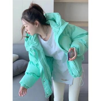 薄荷綠色連帽羽絨棉服外套女冬季2024新款韓版寬松短款麵包服棉衣