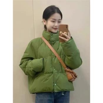大碼綠色立領短款棉服女裝秋冬季2024新款加厚保暖麵包服棉衣外套