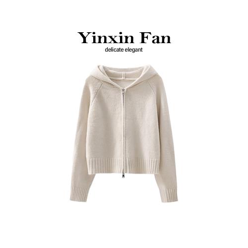 YinxinFan雙拉鏈連帽毛衣外套秋冬女裝小個子超好看短款針織開衫