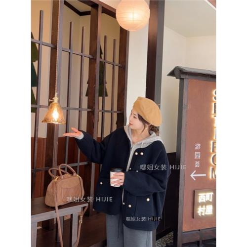 老錢外套】圓領雙面絨金屬扣氣質百搭洋氣外套女秋冬寬松顯瘦大衣