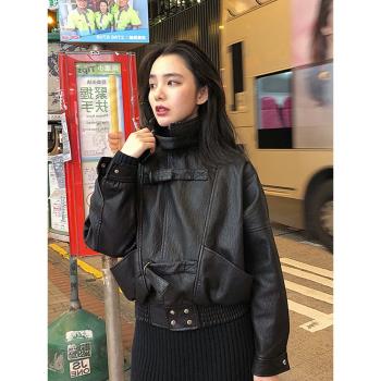 時尚寬松休閑機車服短款黑色皮衣