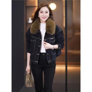 時尚加絨加厚牛仔短外套女2024年冬季新款氣質顯瘦保暖棉衣派克服