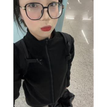 黑色修身搖粒絨外套女秋冬加絨加厚沖鋒衣內膽抓絨收腰珊瑚絨衛衣