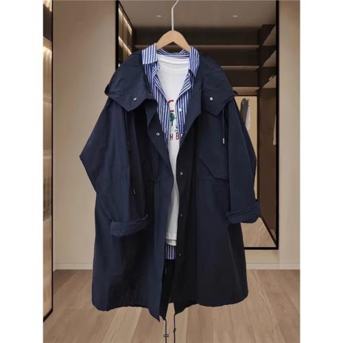 藏青色連帽風衣外套秋裝女款2025年新款寬松休閑小個子中長款大衣