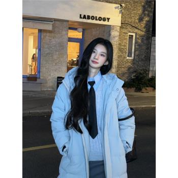 今年流行藍色羽絨服女中長款2024年冬季新款90白鴨絨寬松連帽外套