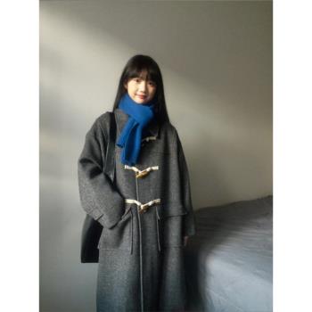 羽絨內膽牛角扣大衣女2024冬季新款小個子加厚毛呢外套高階感灰色