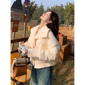 白色短款羽絨棉服女冬季大碼寬松時尚針織大翻領棉衣拼接棉襖外套