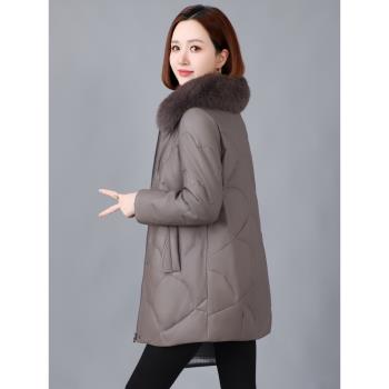 冬季真皮羽絨服女綿羊皮2024年新款拆卸狐貍毛領海寧皮衣中長外套