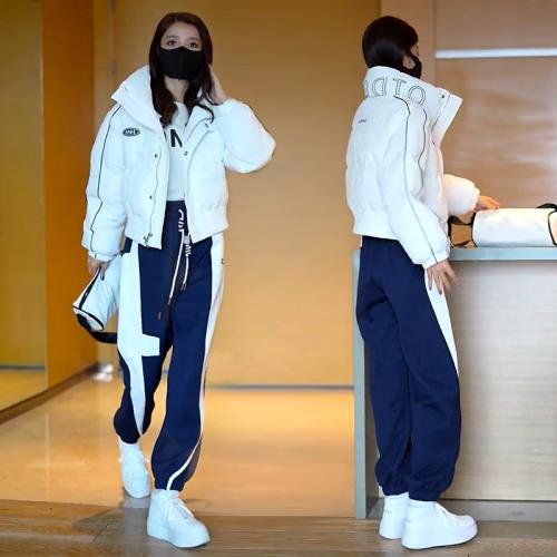 冬季新款時尚羽絨棉服套裝女夾棉短款外套加絨加厚休閑棉襖兩件套