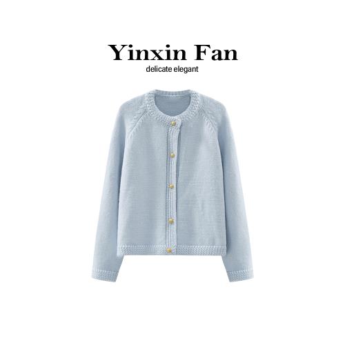 拉夏貝爾慵懶風藍色單排扣針織開衫女秋冬季寬松百搭短款毛衣外套