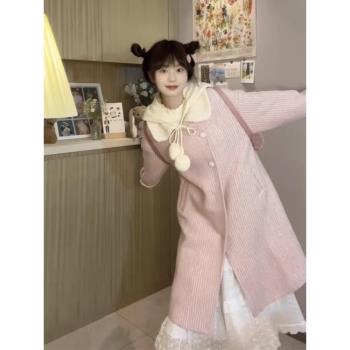 日系甜美粉色娃娃領含羊毛呢外套女秋冬小個子中長款加厚呢子大衣