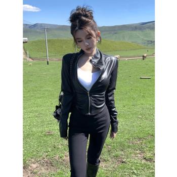 黑色修身拉鏈彈力顯瘦皮衣外套女早秋新款時尚高階感百搭短款上衣