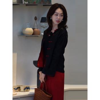 姜妍同款黑紅色新中式國風盤扣外套女早秋穿搭上衣提花半身裙套裝