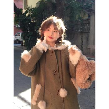 日系森林綠色連帽毛呢外套女秋冬中長夾棉加厚羊羔毛拼接呢子大衣