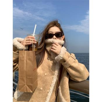 皮毛一體短款外套女2024冬季新款羊羔毛麂皮絨加厚小個子環保皮草