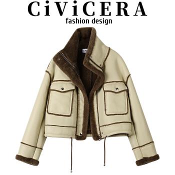 CIVICERA獨特設計感拼接皮毛一體短款外套女秋冬加絨加厚機車皮衣