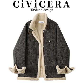 CIVICERA獨特超好看加絨加厚豹紋牛仔外套女秋冬寬松復古機車夾克