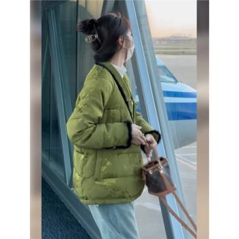 新中式國風唐裝綠色羽絨服女2024新款冬高階感超好看宋錦棉服外套