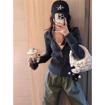 美式復古連帽毛衣開衫女秋冬格子修身針織外套慵懶風短款上衣chic
