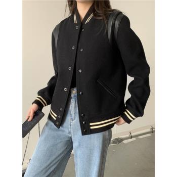 SLP風格棒球服 綿羊毛呢夾克女款真皮拼接新款男士短款外套情侶裝