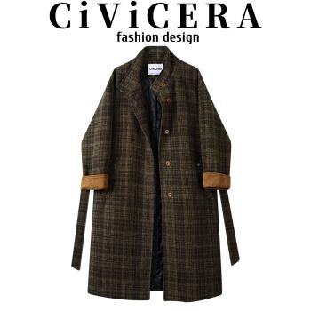 CIVICERA韓系復古立領格子毛呢大衣女秋冬小個子夾棉加厚長款外套