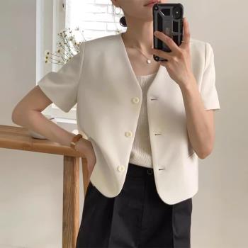 韓國chic夏季法式高階感V領單排扣寬松休閑純色短袖西裝外套女