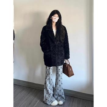 黑色翻領羊羔毛皮草外套女冬季寬松西裝領中長款加厚毛毛棉服大衣
