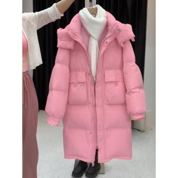 粉色韓版收腰中長款顯瘦羽絨棉服