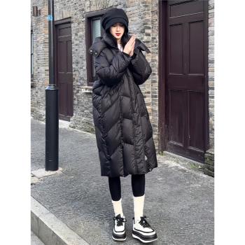 高階感黑色中長款連帽羽絨棉服女冬新款韓版寬松加厚繭型保暖外套