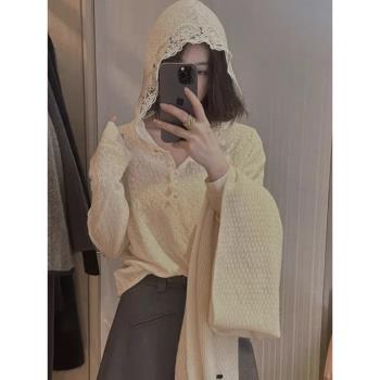 歐貨重工慵懶風連帽蕾絲衫外套女春季高階感時尚寬松鏤空別致上衣