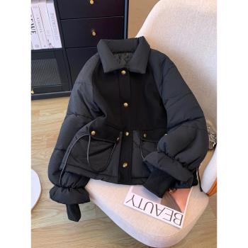 赫本風黑色羽絨棉服女大碼胖mm高階設計感棉衣休閑復古夾棉外套冬