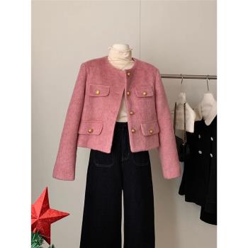 羽絨內膽粉色小香風短外套女秋冬圓領寬松小眾百搭加厚羽絨服上衣