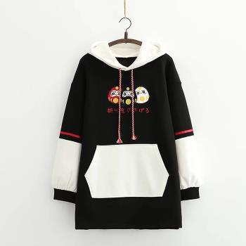 4165福娃刺繡加絨衛衣 連帽套頭棉質拼色卡通甜美長袖大碼絨外套