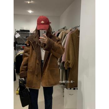 中長款保暖抗風加厚翻領仿羊羔毛絨外套冬季皮毛一體皮衣機車服女