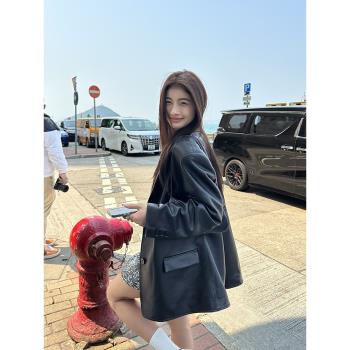 2024春秋新款設計高階感炸街復古黑色PU皮西裝皮衣外套女寬松港風