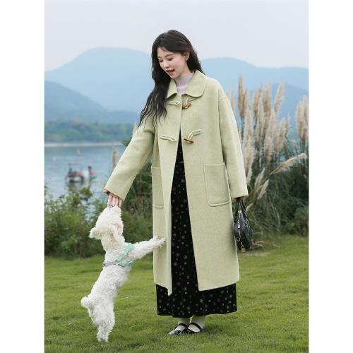 素色左岸牛角扣長款綠色雙面羊毛大衣qc2025冬季新款木扣毛呢外套