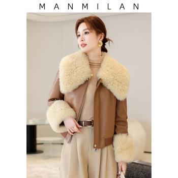 白鵝絨羽絨服真皮皮衣羊羔毛皮草皮毛一體短款海寧綿羊皮外套女冬