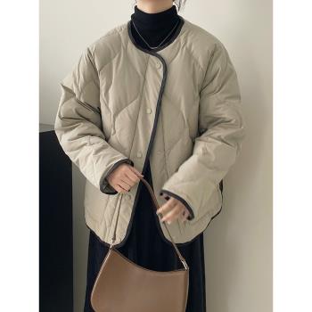 韓系ins小香風圓領菱格羽絨棉服女冬季防寒超好看加厚夾棉外套潮