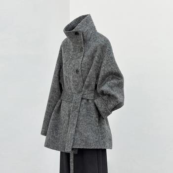 灰色短款雙面羊毛呢子大衣外套女2024秋冬新款小個子高階感赫本風