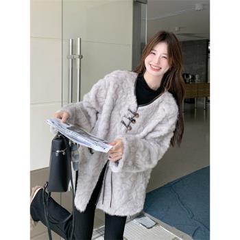 灰色皮毛一體仿貂絨外套女秋冬環保羊羔毛絨棉服爆款大衣時髦洋氣