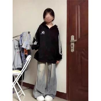 黑色三條槓字母外套女秋冬加絨加厚美式復古初中生休閑小個子上衣