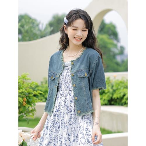 復古設計感毛邊女夏季牛仔上衣