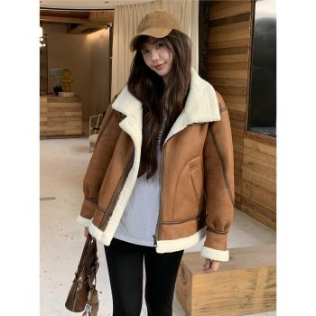 皮毛一體外套女2024新款歐貨冬季羊羔毛加厚棉衣麂鹿皮絨機車棉服