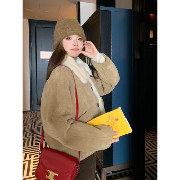 卡其色仿羊羔毛外套女冬2024新款韓系時尚高階感皮毛一體保暖上衣