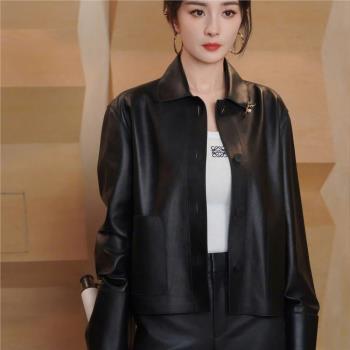 2024新款真皮皮衣頭層綿羊皮短外套上衣楊冪同款皮衣