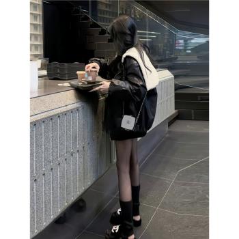 大翻領PU皮派克羽絨服女冬季設計感小眾重工牛角扣機車白鴨絨外套