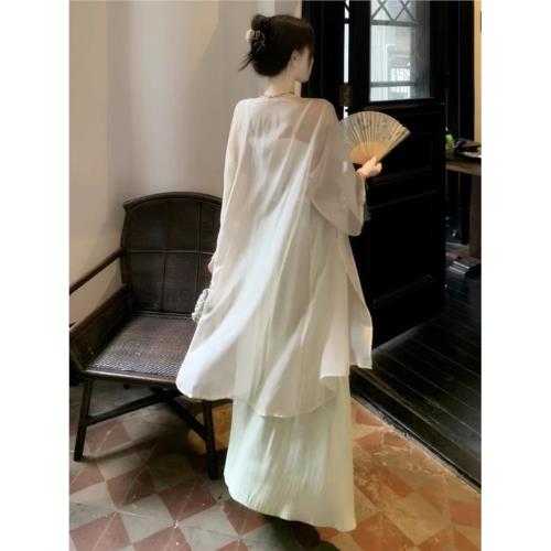 新中式禪意冰絲雪紡防曬開衫女中長款天絲披肩外套薄紗罩衫上衣夏