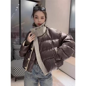 90絨保暖2024冬裝新款歐貨短款立領針織領大翻領拼接羽絨服女外套