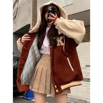 紅色棒球服少女春秋冬2024新款初中高中學生美式復古棉服加厚外套